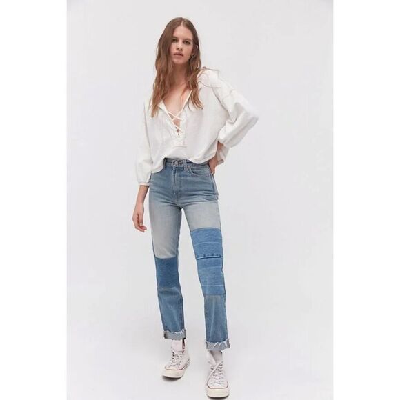 Urban Outfitters BDG Denim Patchwork Jeans Slim Straight High Rise Women Size 28 - Picture 1 of 9